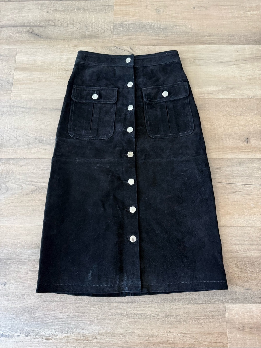 Black Leather Suede Button Front Midi Skirt - Small - Picture 2 of 6